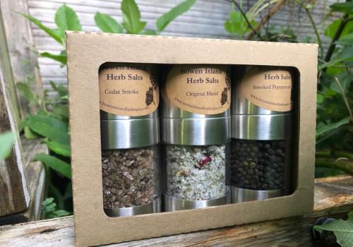 Bowen island Herb Salts Cedar Smoke, Original Blend, Smoked Peppercorn Gift Set